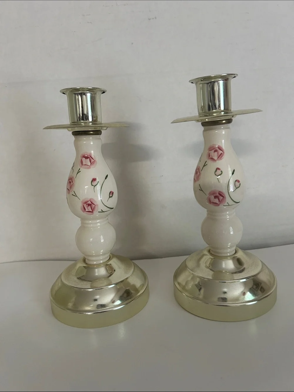 Hand-Painted Floral Ceramic Vintage Pair - White with Pink Roses Home Interior